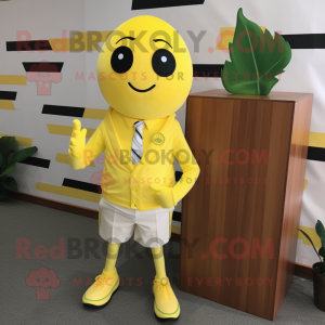 Lemon Yellow Squash mascot costume character dressed with a Polo Shirt and Tie pins