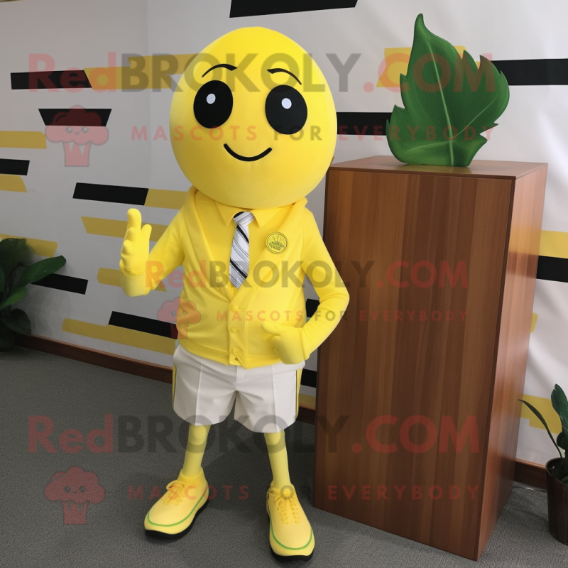 Lemon Yellow Squash mascot costume character dressed with a Polo Shirt and Tie pins Lemon Yellow Squash mascot costume character dressed with a Polo Shirt and Tie pins
