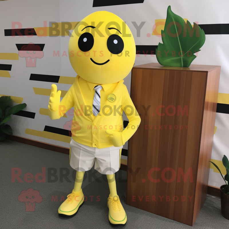 Lemon Yellow Squash mascot costume character dressed with a Polo Shirt and Tie pins