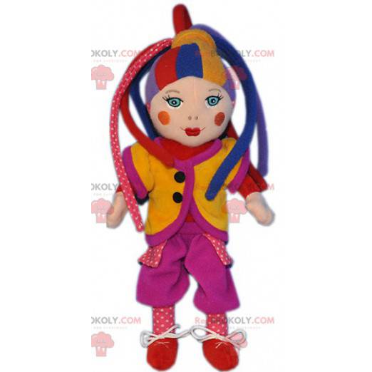 Mascotte de clown de poupée arlequin très colorée -