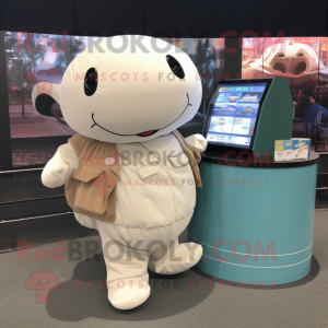 Brown Beluga Whale mascot costume character dressed with a Button-Up Shirt and Coin purses