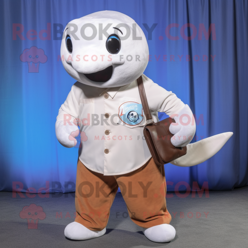 Brown Beluga Whale mascot costume character dressed with a Button-Up Shirt and Coin purses