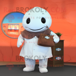 Brown Beluga Whale mascot costume character dressed with a Button-Up Shirt and Coin purses