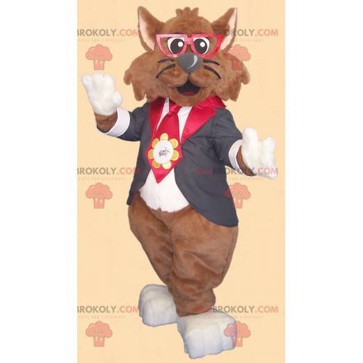 Mascotte de chat marron avec des lunettes et un costume cravate