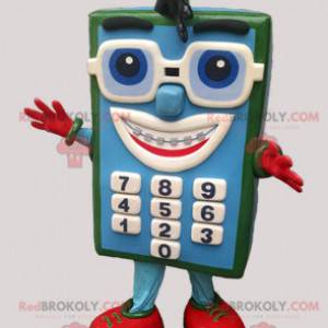 Mascote calculadora azul e verde com óculos - Redbrokoly.com