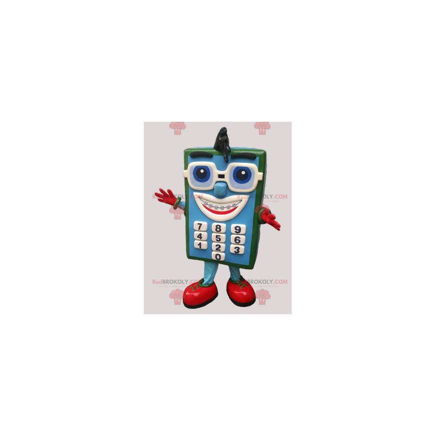 Blue and green calculator mascot with glasses - Redbrokoly.com