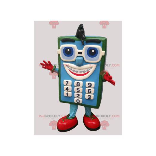Mascotte calcolatrice blu e verde con gli occhiali -