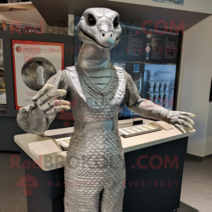 Silver Python mascot costume character dressed with a Dress Shirt and Gloves