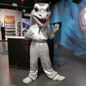 Silver Python mascot costume character dressed with a Dress Shirt and Gloves