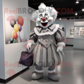 Gray Clown mascot costume character dressed with a Culottes and Messenger bags