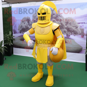 Yellow Spartan Soldier mascot costume character dressed with a Ball Gown and Clutch bags