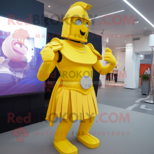 Yellow Spartan Soldier mascot costume character dressed with a Ball Gown and Clutch bags