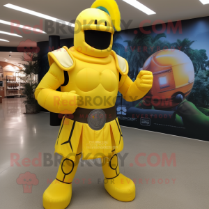 Yellow Spartan Soldier mascot costume character dressed with a Ball Gown and Clutch bags