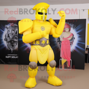 Yellow Spartan Soldier mascot costume character dressed with a Ball Gown and Clutch bags