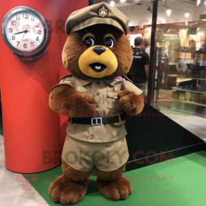 Brown Commando mascot costume character dressed with a A-Line Skirt and Bracelet watches