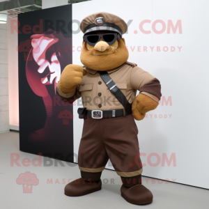 Brown Commando mascot costume character dressed with a A-Line Skirt and Bracelet watches