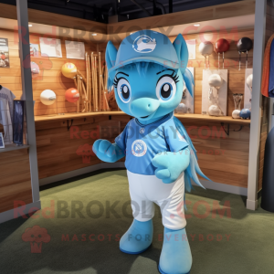 Cyan Mare mascot costume character dressed with a Baseball Tee and Tie pins