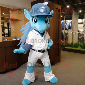 Cyan Mare mascot costume character dressed with a Baseball Tee and Tie pins