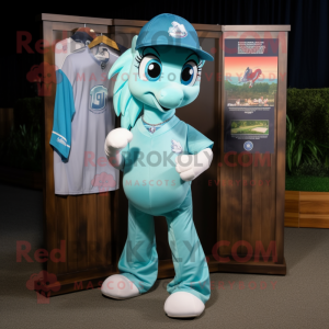 Cyan Mare mascot costume character dressed with a Baseball Tee and Tie pins