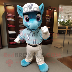 Cyan Mare mascot costume character dressed with a Baseball Tee and Tie pins