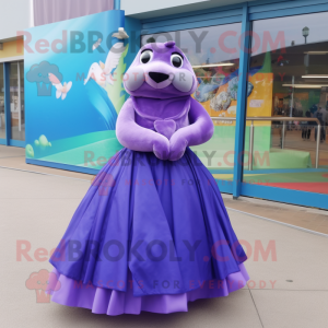 Purple Sea Lion mascot costume character dressed with a Ball Gown and Bow ties