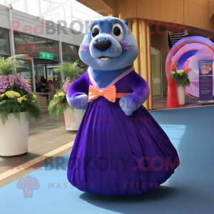 Purple Sea Lion mascot costume character dressed with a Ball Gown and Bow ties