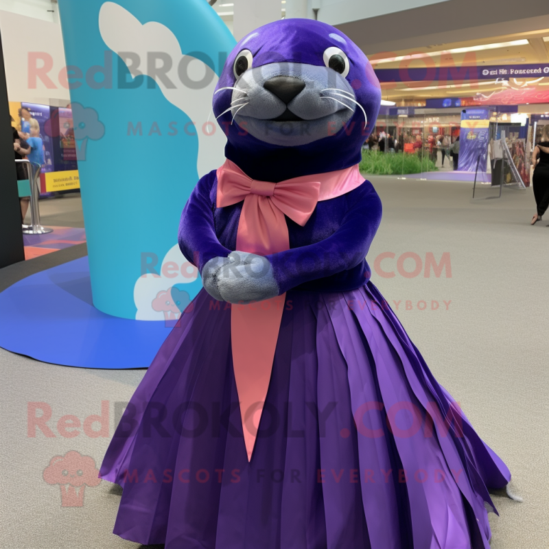 Purple Sea Lion mascot costume character dressed with a Ball Gown and Bow ties