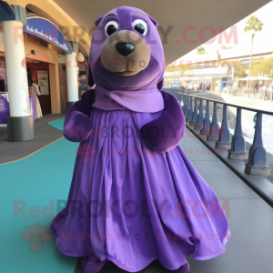 Purple Sea Lion mascot costume character dressed with a Ball Gown and Bow ties