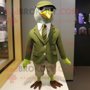 Olive Dove mascot costume character dressed with a Jacket and Tie pins