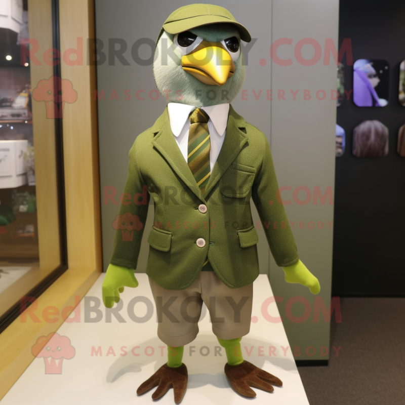 Olive Dove mascot costume character dressed with a Jacket and Tie pins Olive Dove mascot costume character dressed with a Jacket and Tie pins