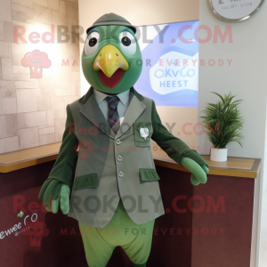 Olive Dove mascot costume character dressed with a Jacket and Tie pins