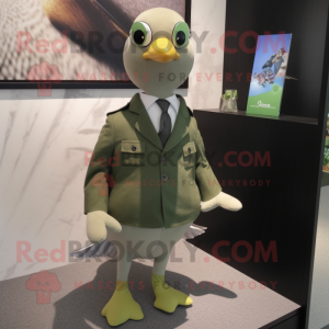 Olive Dove mascot costume character dressed with a Jacket and Tie pins