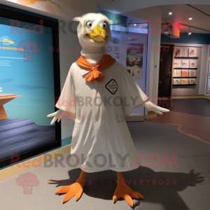 Tan Seagull mascot costume character dressed with a Coat and Anklets