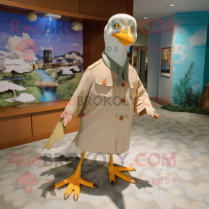 Tan Seagull mascot costume character dressed with a Coat and Anklets