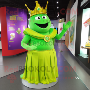Lime Green King mascot costume character dressed with a Evening Gown and Bracelet watches
