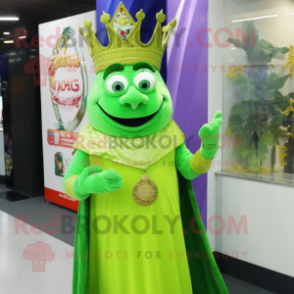 Lime Green King mascot costume character dressed with a Evening Gown and Bracelet watches