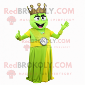 Lime Green King mascot costume character dressed with a Evening Gown and Bracelet watches