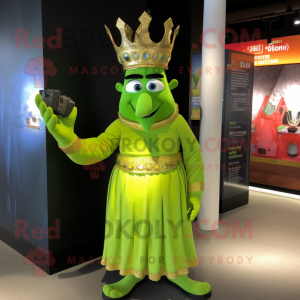 Lime Green King mascot costume character dressed with a Evening Gown and Bracelet watches