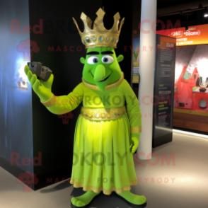 Lime Green King mascot costume character dressed with a Evening Gown and Bracelet watches