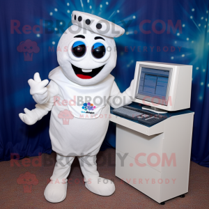 White Computer mascot costume character dressed with a V-Neck Tee and Headbands