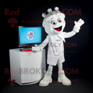 White Computer mascot costume character dressed with a V-Neck Tee and Headbands