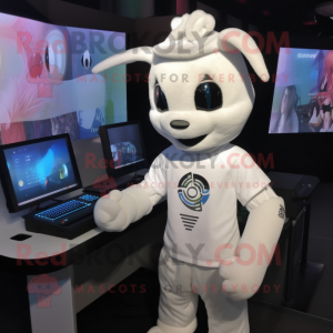 White Computer mascot costume character dressed with a V-Neck Tee and Headbands