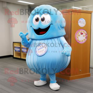 Sky Blue Bagels mascot costume character dressed with a Pleated Skirt and Brooches