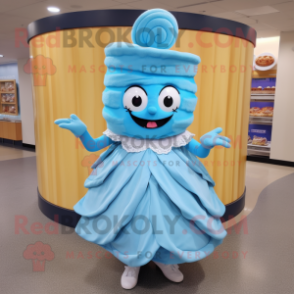 Sky Blue Bagels mascot costume character dressed with a Pleated Skirt and Brooches