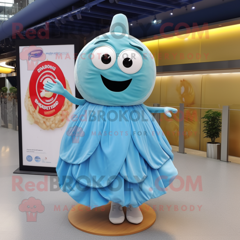 Sky Blue Bagels mascot costume character dressed with a Pleated Skirt and Brooches Sky Blue Bagels mascot costume character dressed with a Pleated Skirt and Brooches