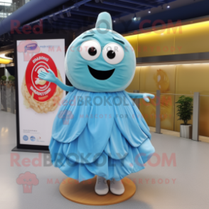 Sky Blue Bagels mascot costume character dressed with a Pleated Skirt and Brooches