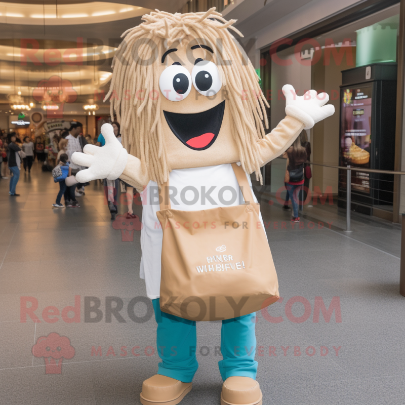 Tan Spaghetti mascot costume character dressed with a Mom Jeans and Tote bags Tan Spaghetti mascot costume character dressed with a Mom Jeans and Tote bags
