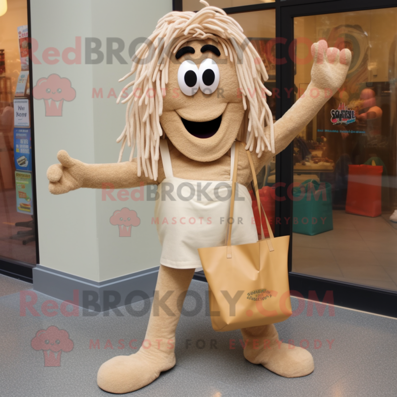 Tan Spaghetti mascot costume character dressed with a Mom Jeans and Tote bags Tan Spaghetti mascot costume character dressed with a Mom Jeans and Tote bags