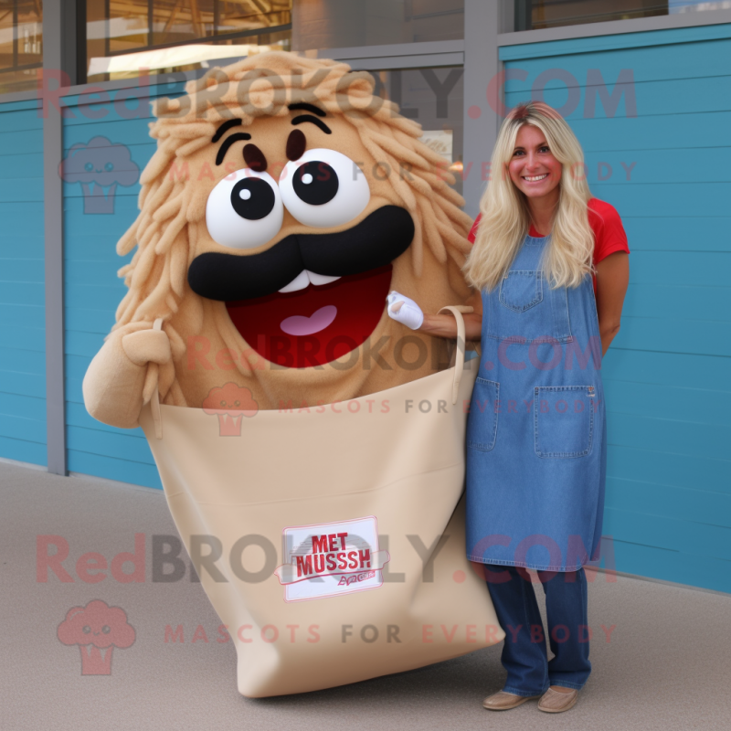 Tan Spaghetti mascot costume character dressed with a Mom Jeans and Tote bags Tan Spaghetti mascot costume character dressed with a Mom Jeans and Tote bags
