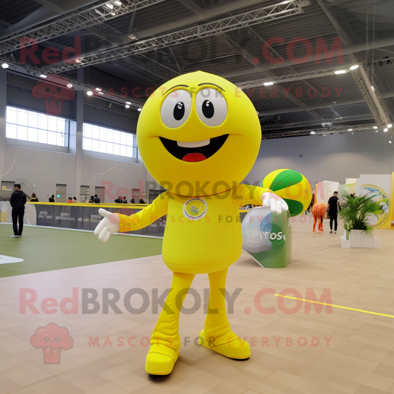 Lemon Yellow Handball Ball mascot costume character dressed with a Polo Shirt and Wraps